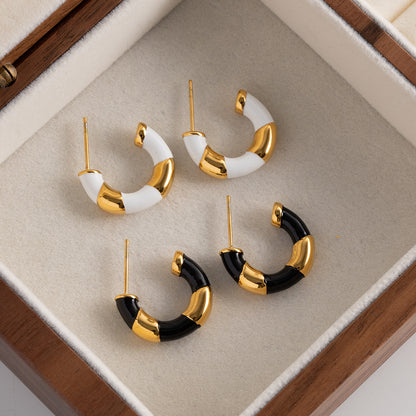 Gold Lined Black Enamel Hoops