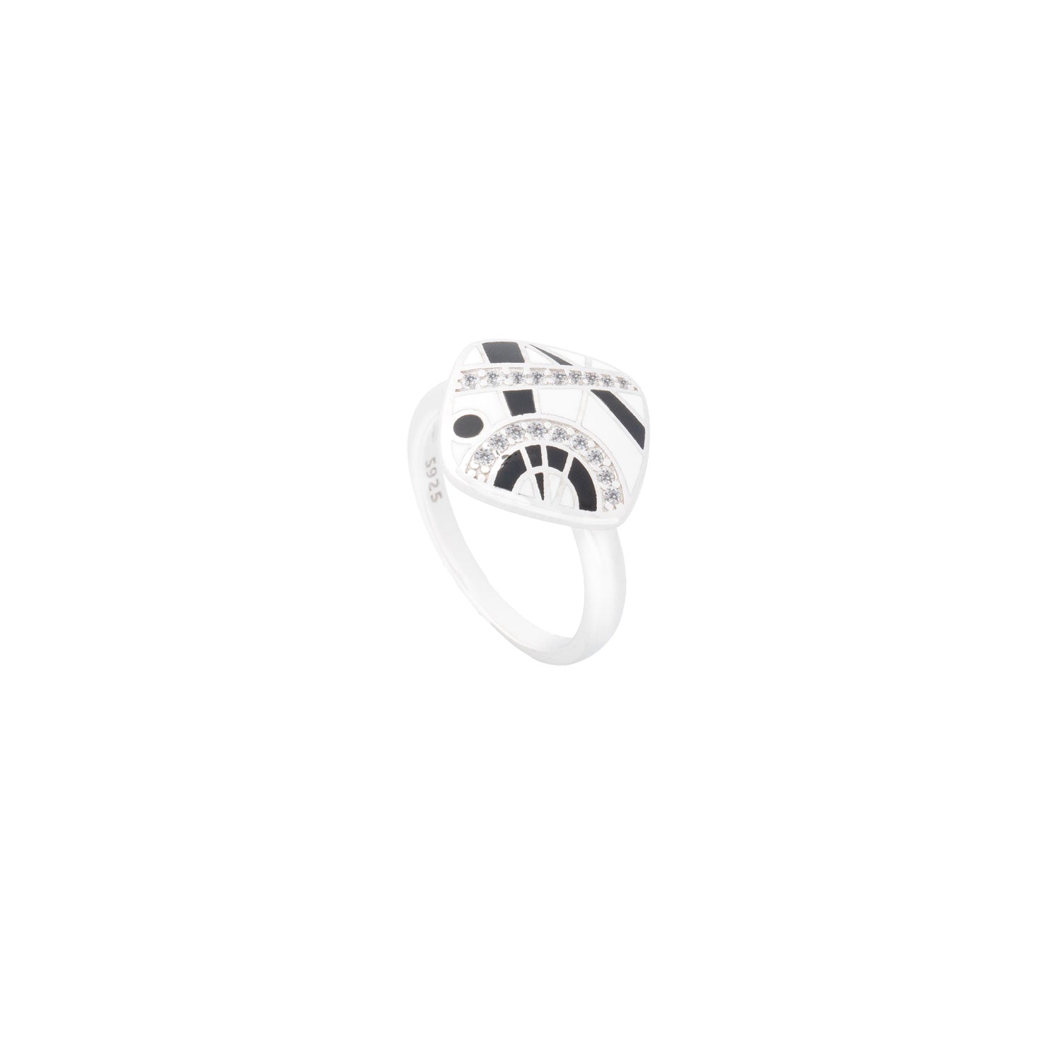 925 Silver Abstract Essence Enamel Ring - Black and White
