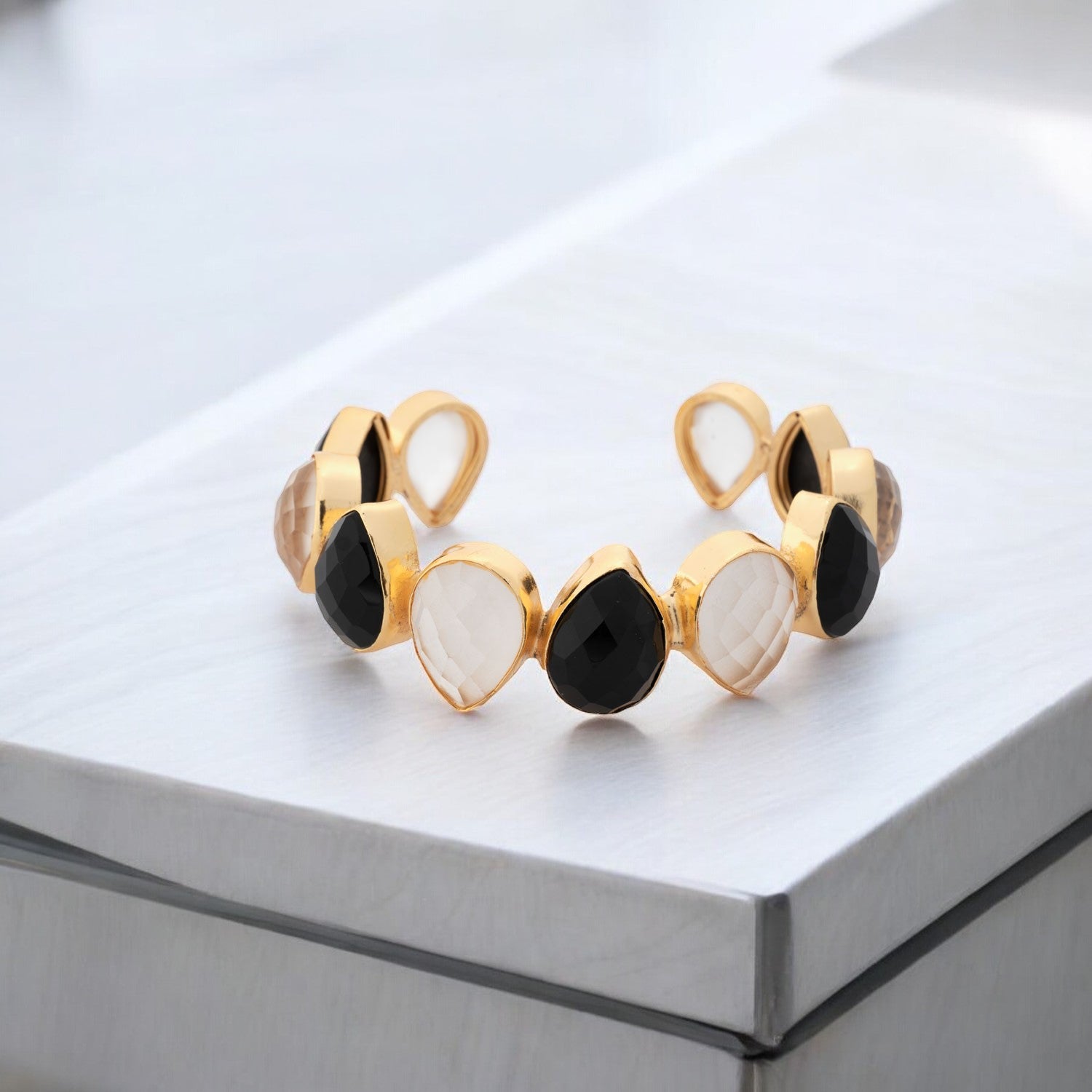 Faceted Black Onyx & White Faceted Crystal Bracelet