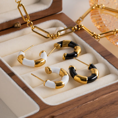 Gold Lined Black Enamel Hoops