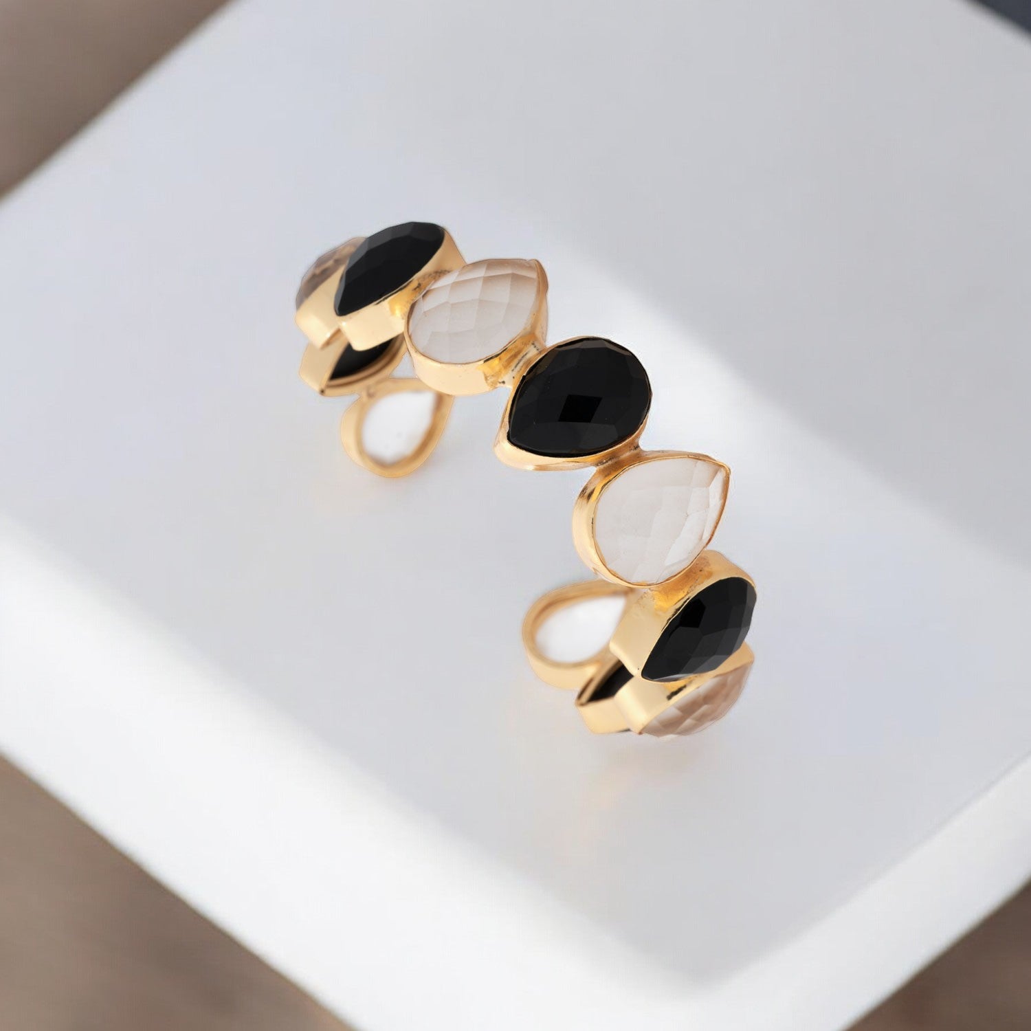 Faceted Black Onyx & White Faceted Crystal Bracelet