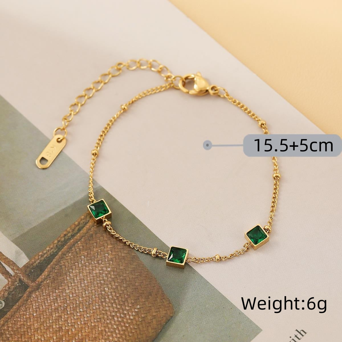 Square Cut Emerald Charm Bracelet