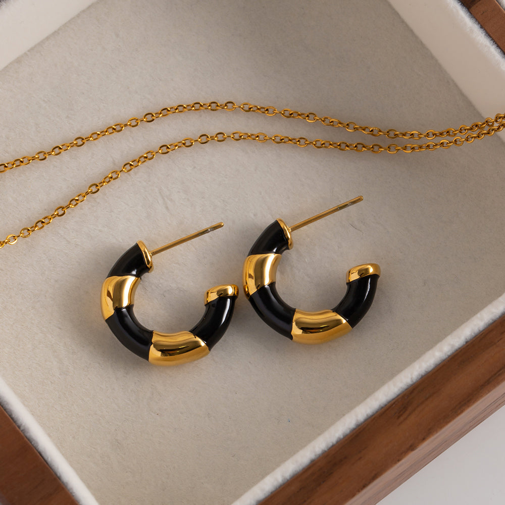 Gold Lined Black Enamel Hoops