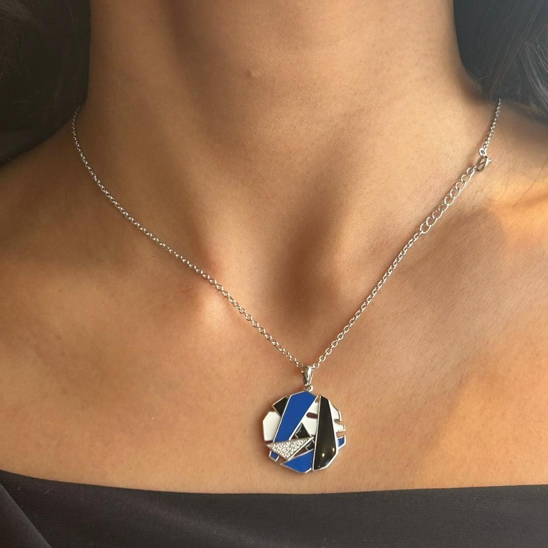 925 Silver Abstract Essence Enamel Pendant - Blue and Black