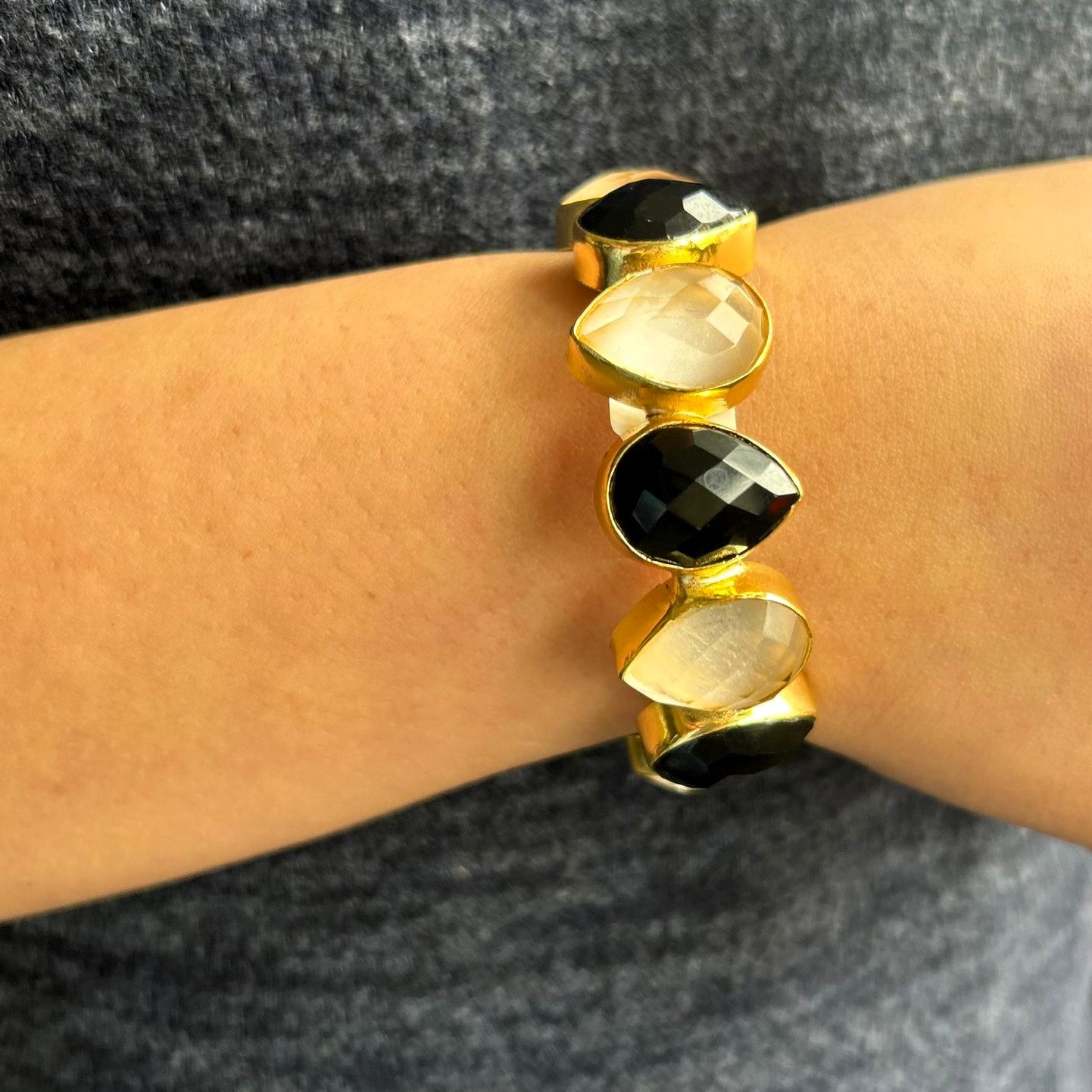 Faceted Black Onyx & White Faceted Crystal Bracelet