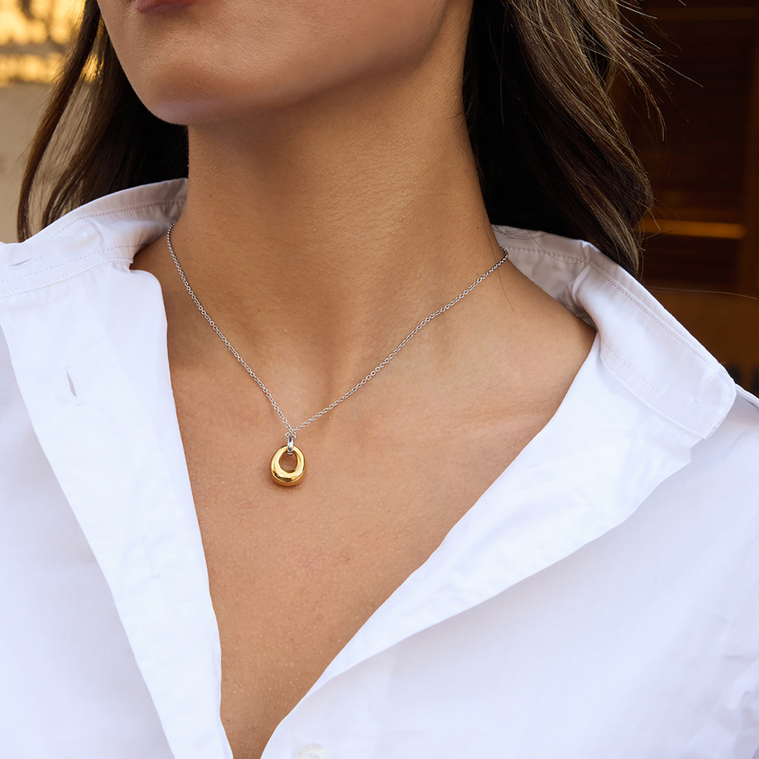 Two Toned Gold Hole Pendant Necklace