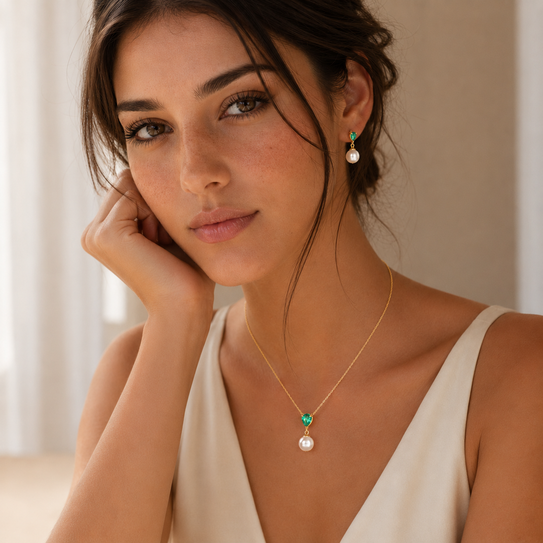 Green and Pearl Pendant Set