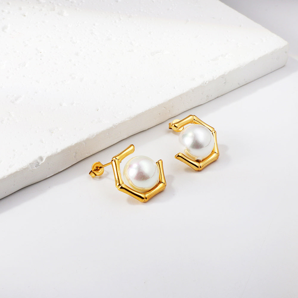Hexagon Pearl Studs