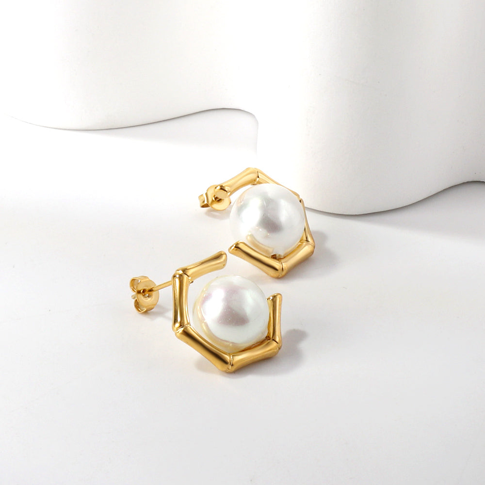Hexagon Pearl Studs