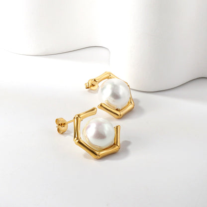 Hexagon Pearl Studs
