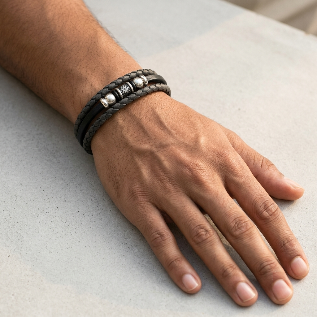 Mens Slate Stride Leather Bracelet
