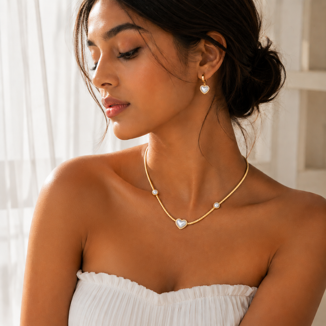 White Pearl Heart Pendant Set
